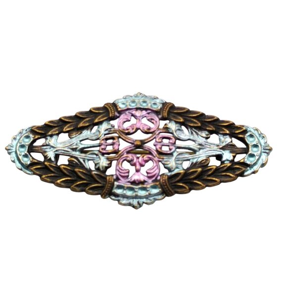 Vintage Ornate Brass Bar Brooch with Pastel Sheen in Purple and Blue, Elegant - Picture 1 of 3